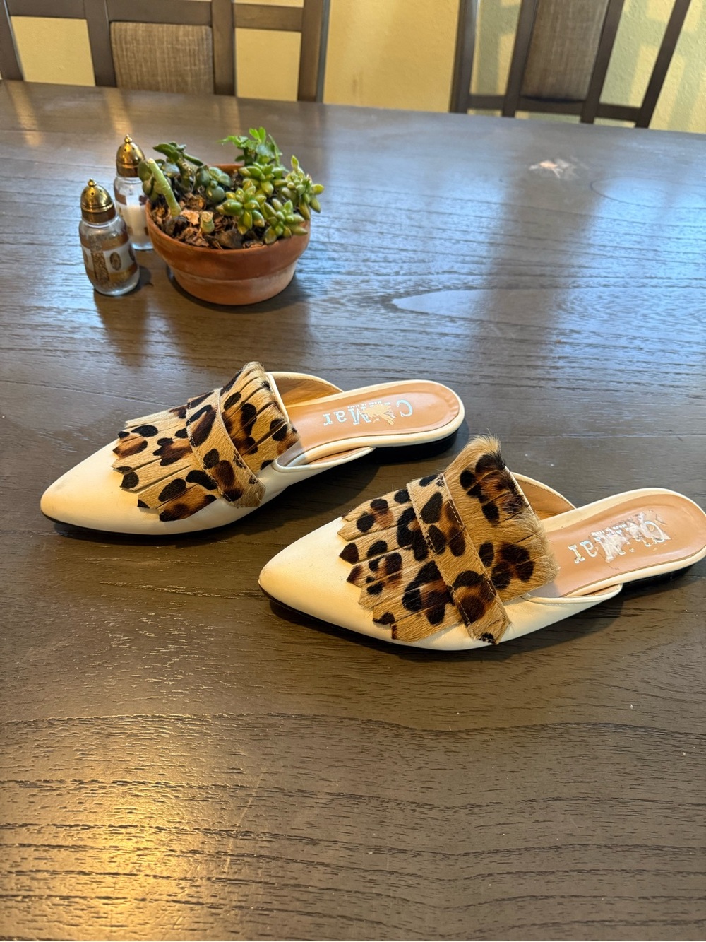 Leopard Fringe Pointed Toe Mule - White/Leopard